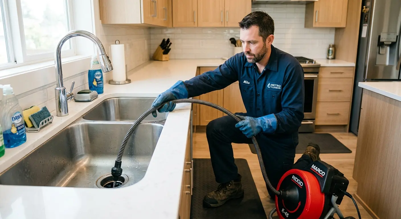 Drain cleaning technician using a motorized snake on a kitchen sink in Menasha