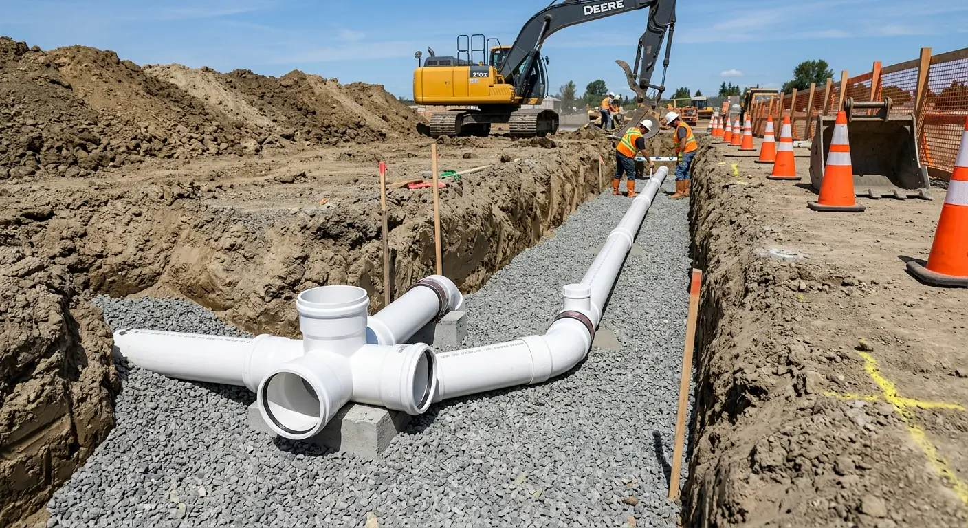 New PVC sewer pipe installation in open trench for Sewer Backup in Menasha