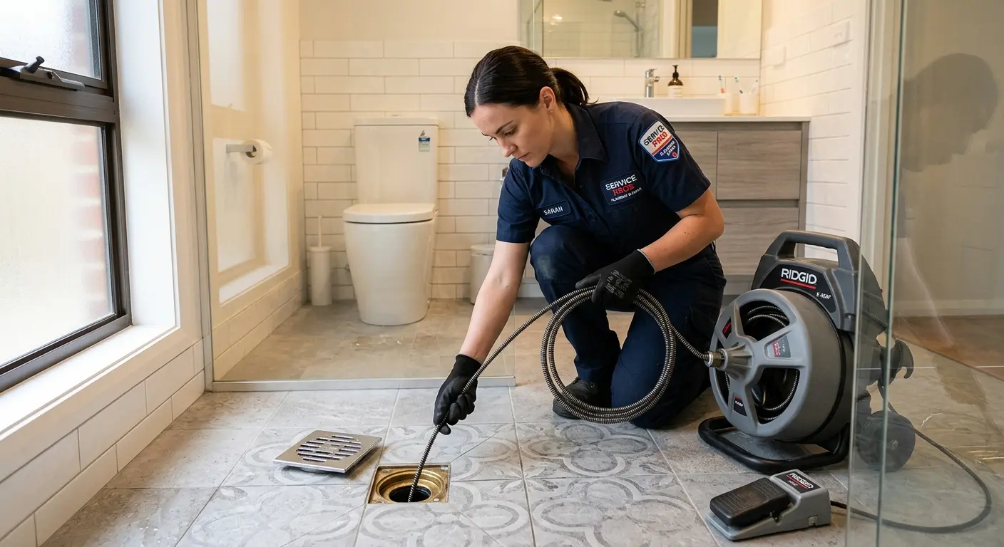 Technician clearing a bathroom floor drain for Drain Cleaning in Menasha